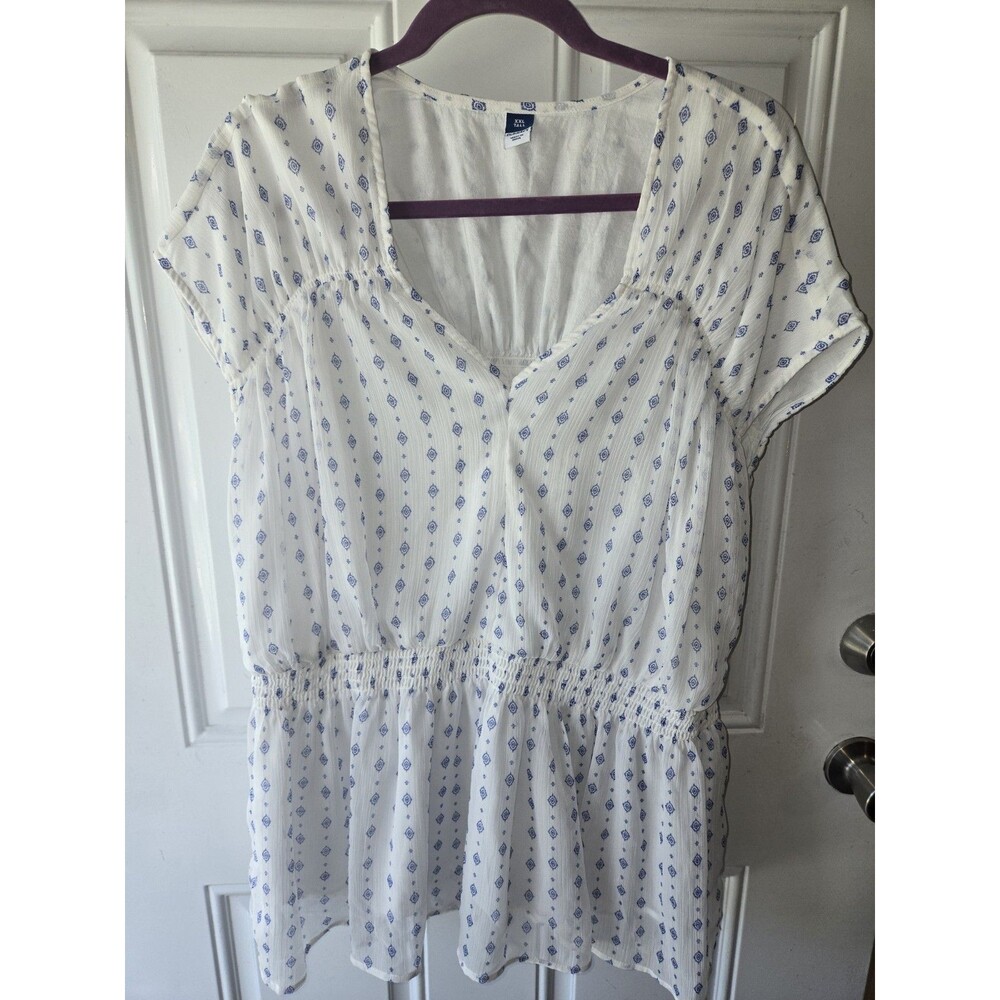 Old Navy Womens XXL Tall White Blue Geometric Print Lined Blouse